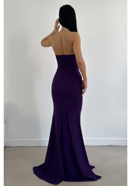 Düğme Detaylı Kalp Yaka Yırtmaçlı Elbise Mor 582550 fırsatları