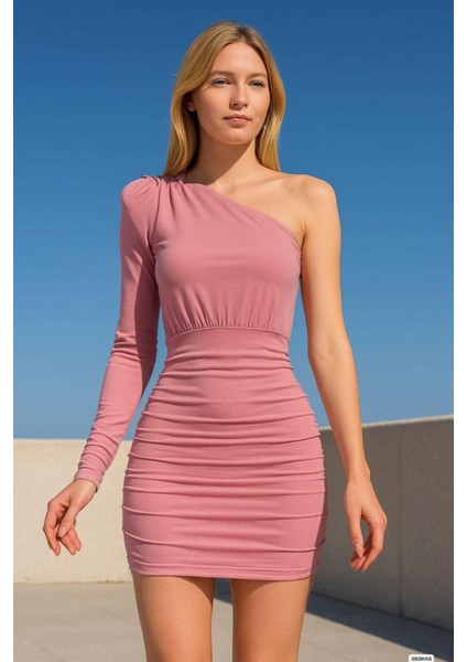 Tek Kol Büzgü Detay Sandy Kumaş Vatkalı Elbise Gülkurusu 582695