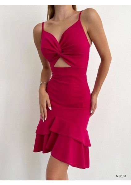 Düğümlü Eteği Volan Krep Elbise 582133 Fuşya