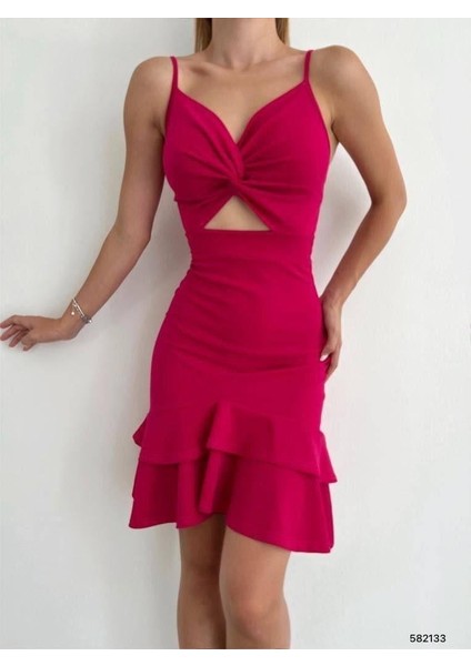 Düğümlü Eteği Volan Krep Elbise 582133 Fuşya fiyatları