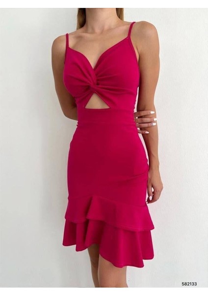 Düğümlü Eteği Volan Krep Elbise 582133 Fuşya modelleri