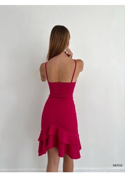 Düğümlü Eteği Volan Krep Elbise 582133 Fuşya fırsatları