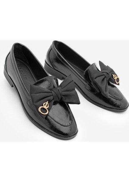 Kadın Loafer Fiyonk Detaylı Tokalı Günlük Ayakkabı Santoz Siyah Rugan