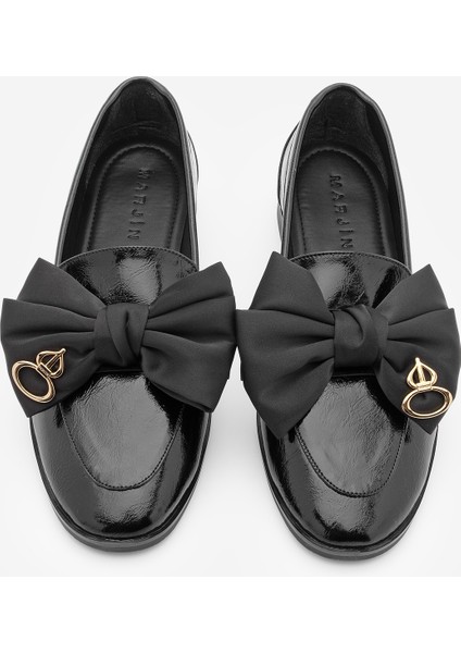 Kadın Loafer Fiyonk Detaylı Tokalı Günlük Ayakkabı Santoz Siyah Rugan fırsatları