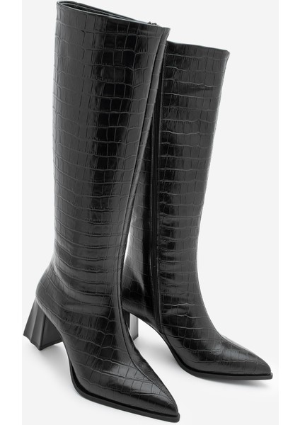 Kadın Sivri Burun Kalın Topuklu Çizme Alenta Siyah Croco