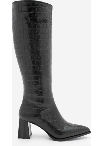 Kadın Sivri Burun Kalın Topuklu Çizme Alenta Siyah Croco indirimleri