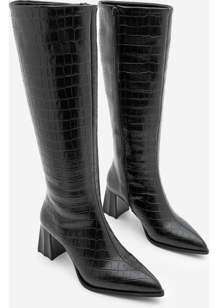 Kadın Sivri Burun Kalın Topuklu Çizme Alenta Siyah Croco