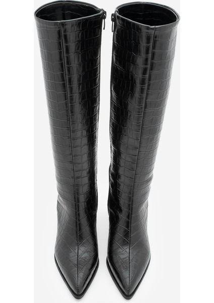 Kadın Sivri Burun Kalın Topuklu Çizme Alenta Siyah Croco modelleri