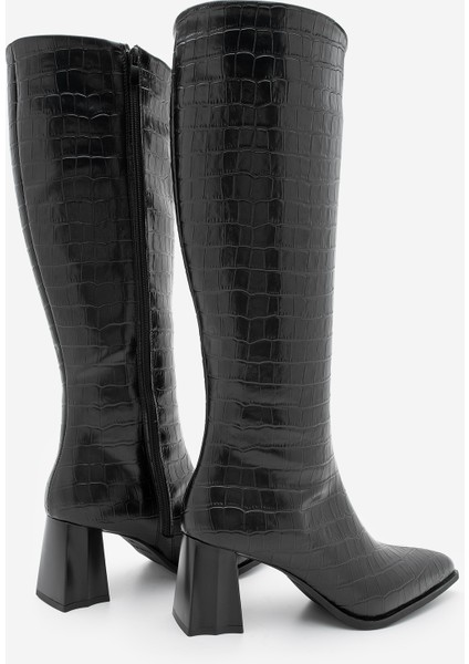 Kadın Sivri Burun Kalın Topuklu Çizme Alenta Siyah Croco