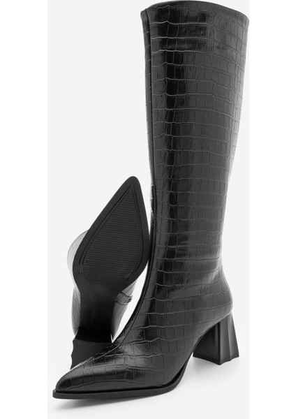 Kadın Sivri Burun Kalın Topuklu Çizme Alenta Siyah Croco