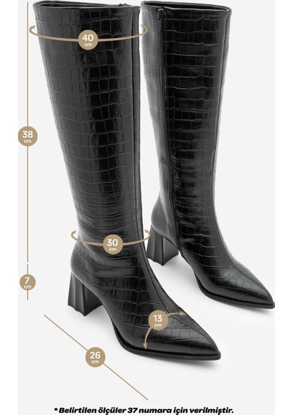 Kadın Sivri Burun Kalın Topuklu Çizme Alenta Siyah Croco