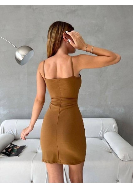 Ithal Krep Kumaş Ince Askılı Yırtmaç Detay Elbise 582091 Kahverenk fiyatları