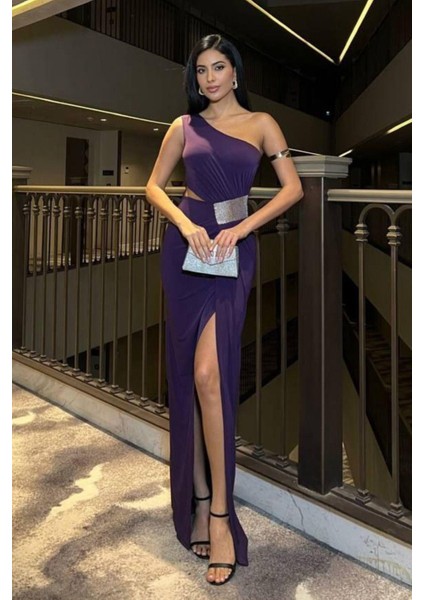 Tek Omuz Detaylı Sandy Kumaş Elbise 583181 Mor