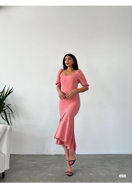 Kare Yaka Eteği Fırfır Detay Midi Boy Abiye 582788 Pudra