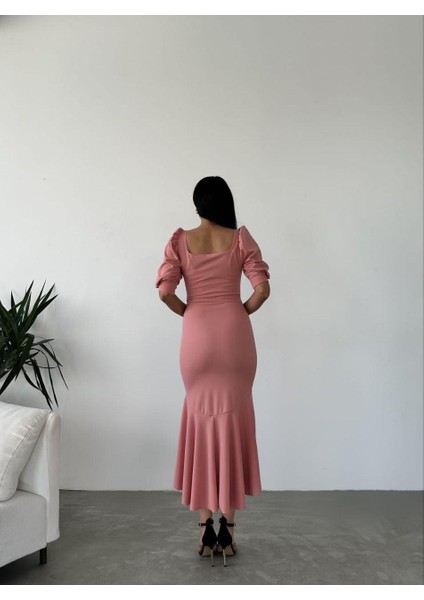 Kare Yaka Eteği Fırfır Detay Midi Boy Abiye 582788 Pudra modelleri