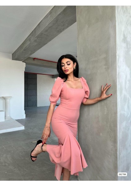 Kare Yaka Eteği Fırfır Detay Midi Boy Abiye 582788 Pudra fırsatları