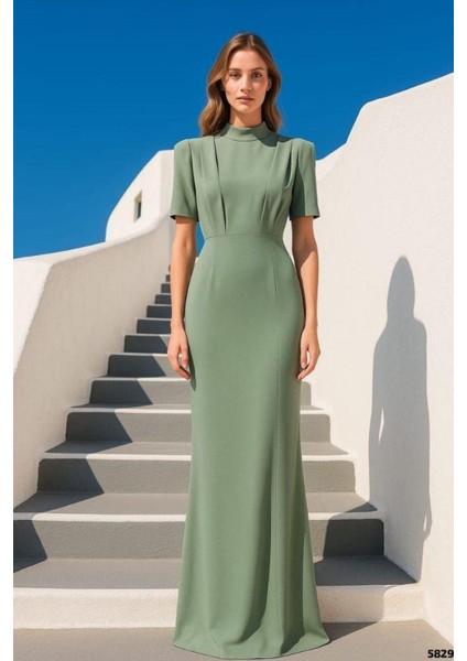 Sırt Pencereli Yırtmaçlı Yarım Kol Abiye Elbise Mint 582993