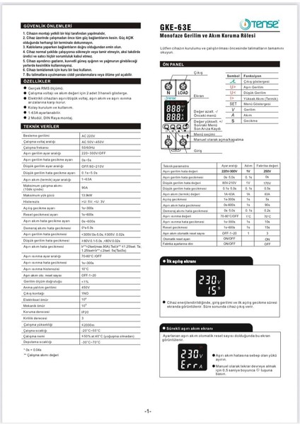 Monofaze Gerilim-Akım Koruma Rölesi (63A) modelleri