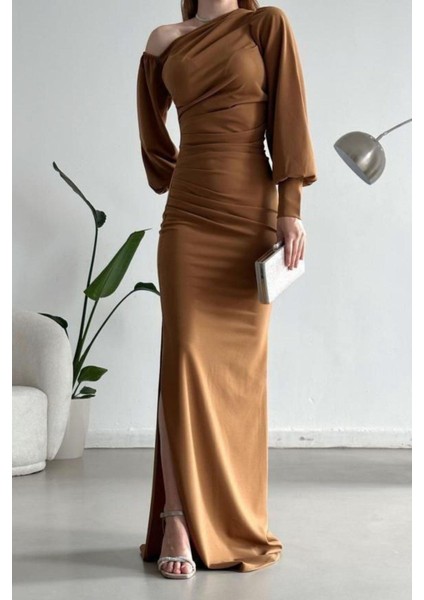 Tek Omuz Açık Detay Ithal Krep Kumaş Maxi Boy Uzun Kol Elbise Vizon 582307