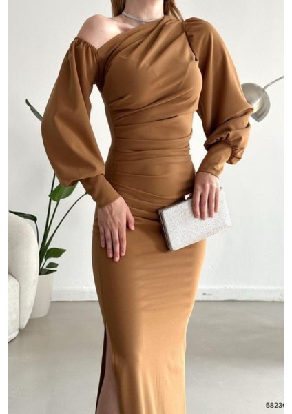 Tek Omuz Açık Detay Ithal Krep Kumaş Maxi Boy Uzun Kol Elbise Vizon 582307 fiyatları