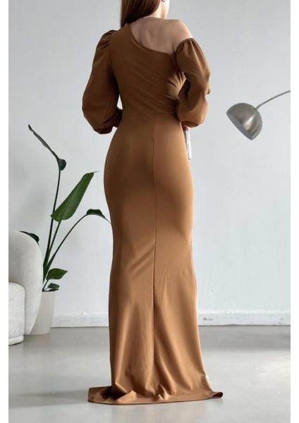 Tek Omuz Açık Detay Ithal Krep Kumaş Maxi Boy Uzun Kol Elbise Vizon 582307 modelleri