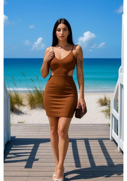 Bel Dekolteli Mini Krep Elbise Kahverengi 581789