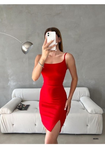 Ithal Krep Kumaş Ince Askılı Yırtmaç Detay Elbise 582091 Kirmizi modelleri