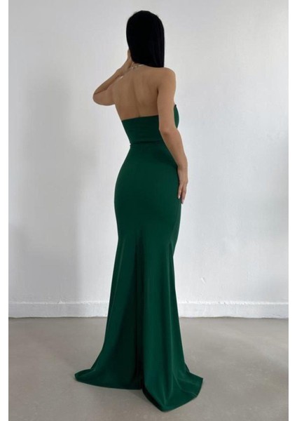 Düğme Detaylı Kalp Yaka Yırtmaçlı Elbise Zümrüt 582550 fırsatları