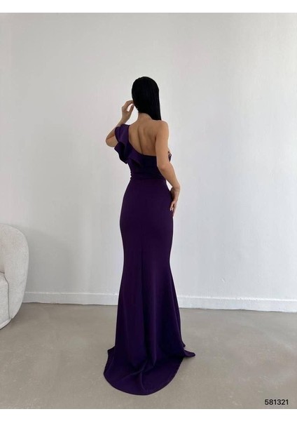 Tek Omuz Scuba Krep Abiye Elbise 581321 Mor fiyatları