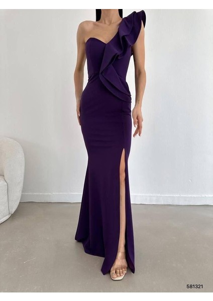 Tek Omuz Scuba Krep Abiye Elbise 581321 Mor indirimleri