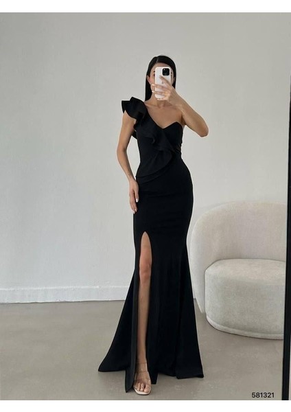 Tek Omuz Scuba Krep Abiye Elbise 581321 Siyah fiyatları