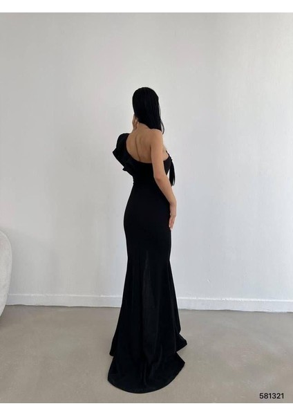 Tek Omuz Scuba Krep Abiye Elbise 581321 Siyah fırsatları