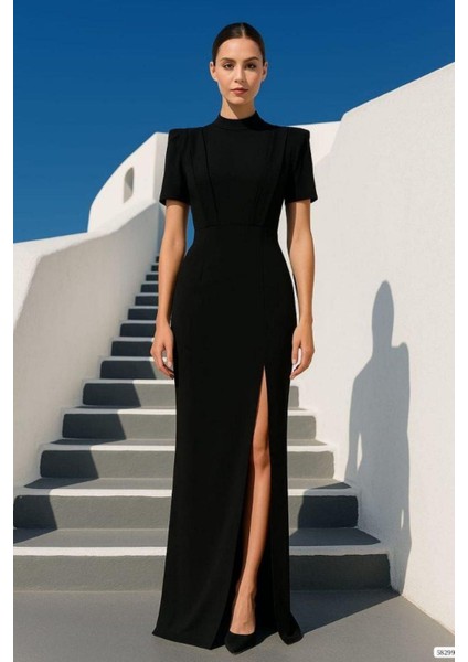 Sırt Pencereli Yırtmaçlı Yarım Kol Abiye Elbise Siyah 582993