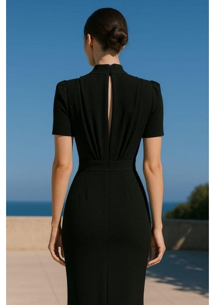 Sırt Pencereli Yırtmaçlı Yarım Kol Abiye Elbise Siyah 582993 fiyatları