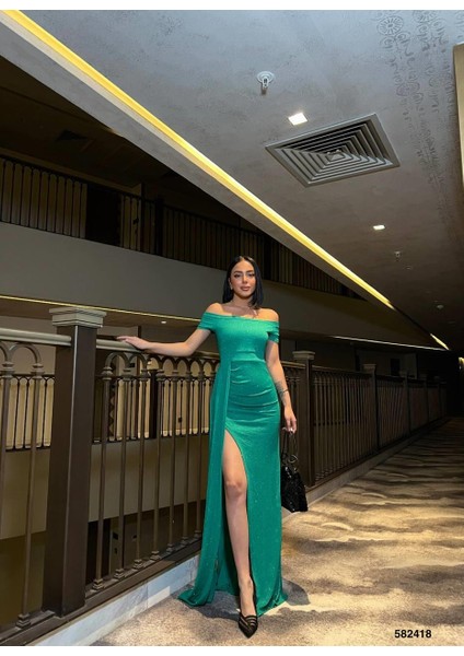 Kayık Yaka Mini Kol Simli Abiye Elbise 582418 Yeşil fiyatları