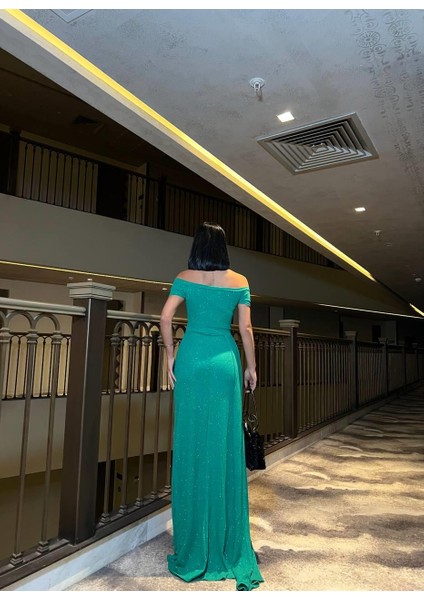 Kayık Yaka Mini Kol Simli Abiye Elbise 582418 Yeşil fırsatları