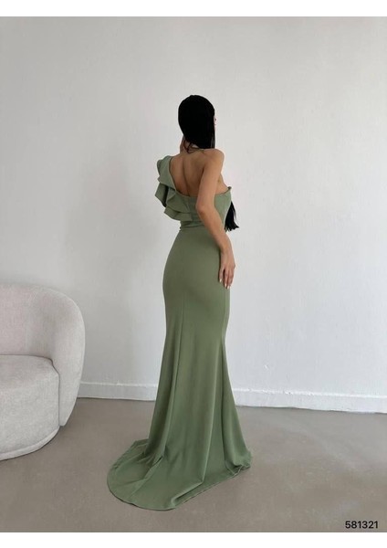 Tek Omuz Scuba Krep Abiye Elbise 581321 Mint modelleri