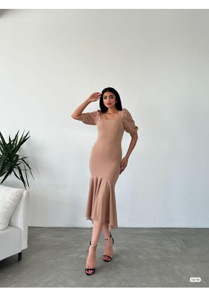 Kare Yaka Eteği Fırfır Detay Midi Boy Abiye 582788 Vizon