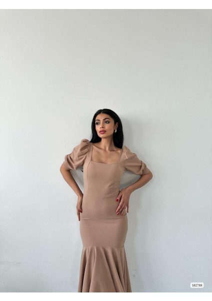 Kare Yaka Eteği Fırfır Detay Midi Boy Abiye 582788 Vizon fiyatları