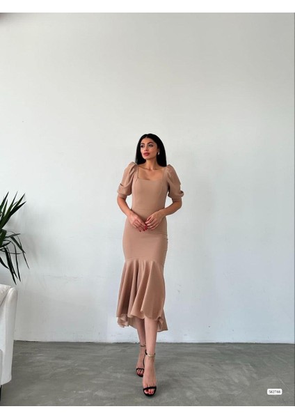 Kare Yaka Eteği Fırfır Detay Midi Boy Abiye 582788 Vizon modelleri