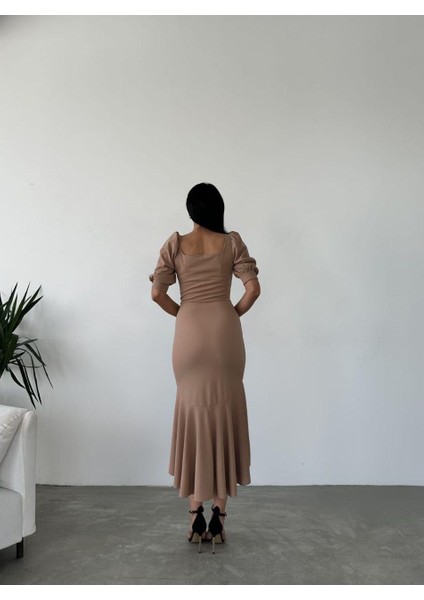 Kare Yaka Eteği Fırfır Detay Midi Boy Abiye 582788 Vizon fırsatları