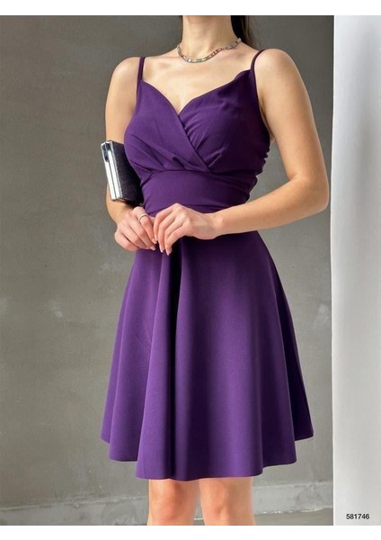 Krep Kumaş Ince Askılı Kloş Elbise 581746 Mor