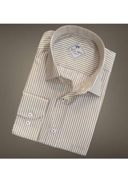 Erkek Klasik Geniş Rahat Kesim Cepli Çizgili Uzun Kollu Klasik Yaka Pamuk Gömlek