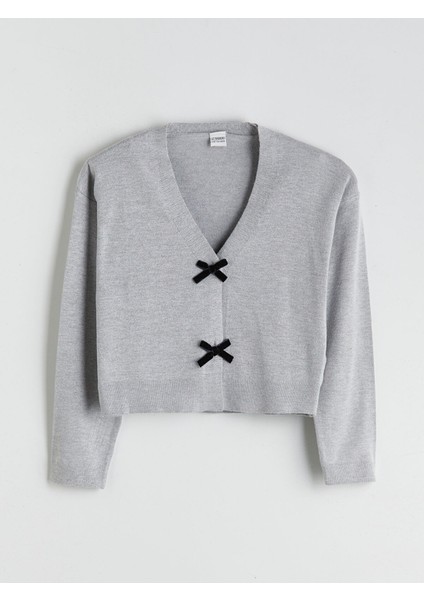 Yeni Sezon V Yaka Fiyonk Detaylı Kız Çocuk Triko Hırka