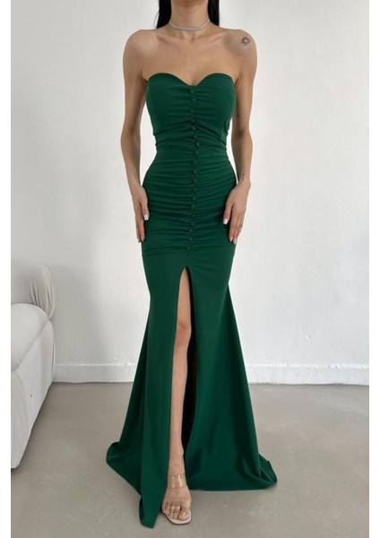 Düğme Detaylı Kalp Yaka Yırtmaçlı Elbise Zümrüt 582550