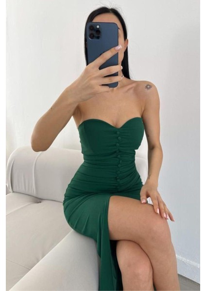 Düğme Detaylı Kalp Yaka Yırtmaçlı Elbise Zümrüt 582550 modelleri