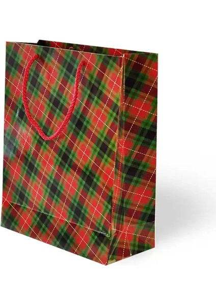 Ekose Desenli Yeşil Karton Çanta 25X30CM