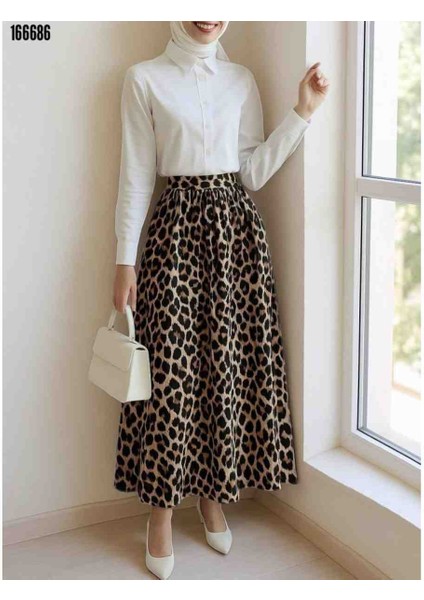 Pliseli Soft Balon Leopar Etek, Kırmızı Gül Figürlü Kolye Hediye