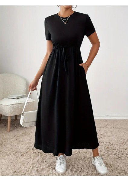 Kadın Kısa Kollu Bisiklet Yaka Belden Bağcıklı Cepli Viskon Elbise fırsatları