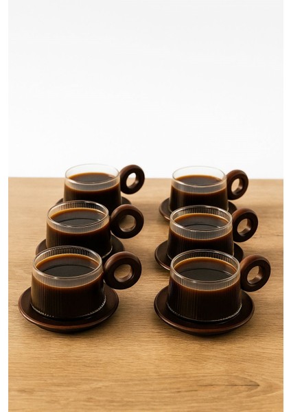 Borosilikat Cam Akasya Saplı Çizgili Tasarmlı ve Akasya Tabaklı Çay Kahve Fincanı 6'LI 250 ml